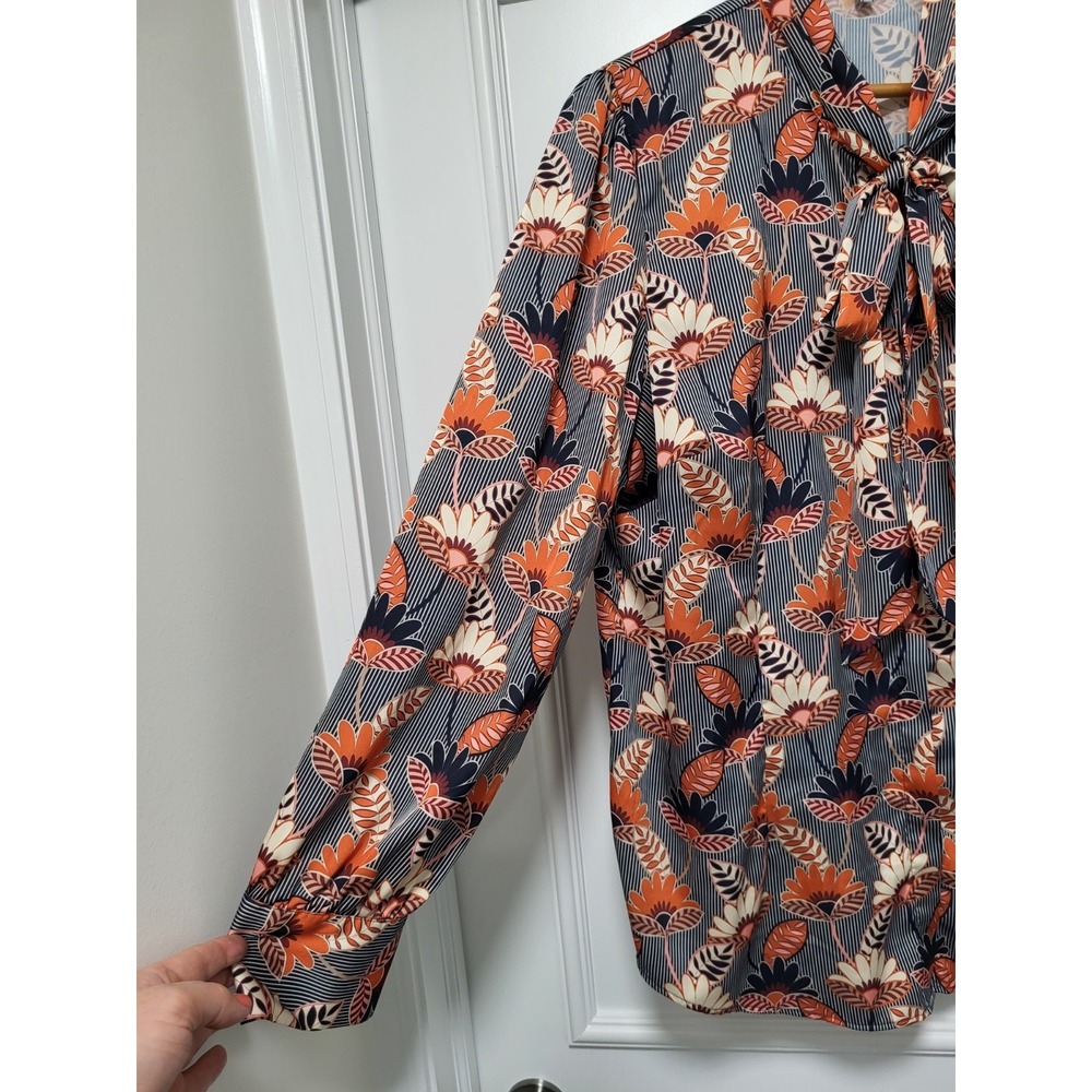 Hawes & Curtis Navy Rust Floral Bow Neck Button Up Office Blouse Sz 22uk/18us - Picture 3 of 9